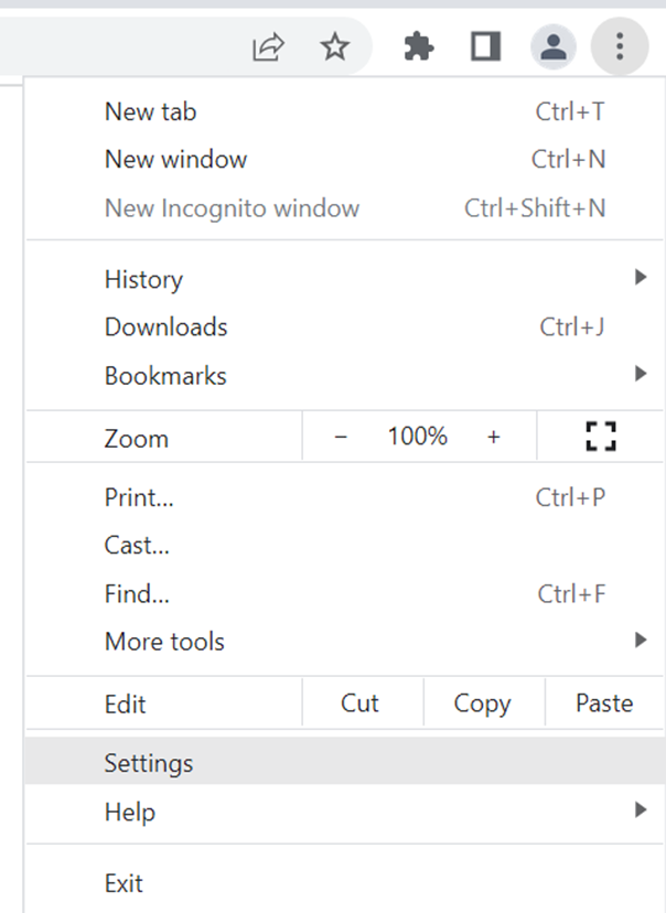 Google chrome menu with settings nav highlighted